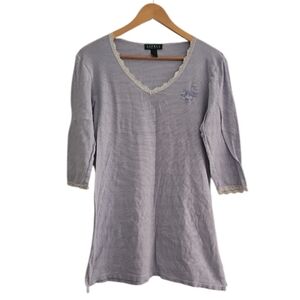 Lauren Ralph Lauren Blue White Stripe Cotton Nightgown Sz M Monogram Sleep Shirt